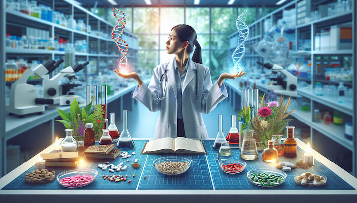Asian female scientist holding DNA strands