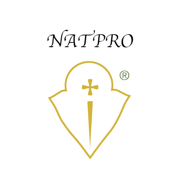 NATPRO logo is a gold shield emblem extracted from a microscopic photo of a progesterone molecule