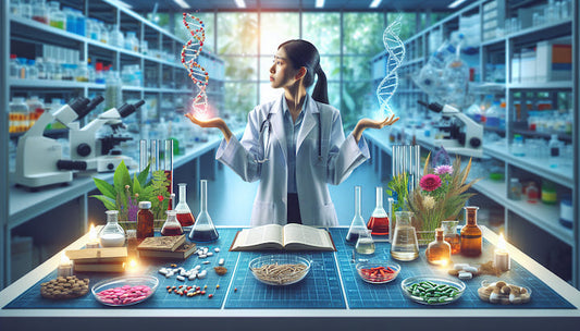 Asian female scientist holding DNA strands