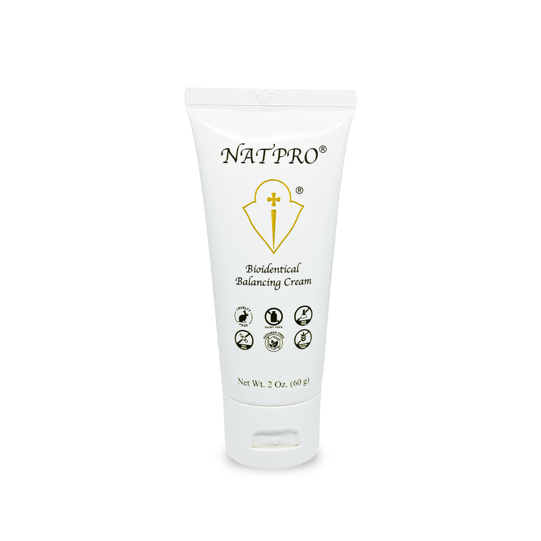 White tube of Natpro bioidentical progesterone balancing cream on a white background